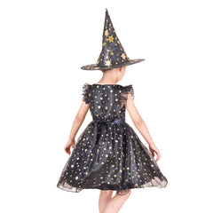 Girls Dress Set Halloween Witch Costume Black Sparkling Star Witch Hat Size 4-10 Years