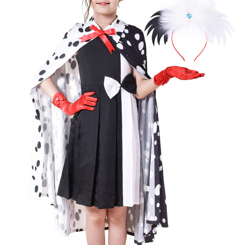 Girls Dress Set Halloween Costume For Dalmatians Wig Headband Red Gloves Size 4-14 Years