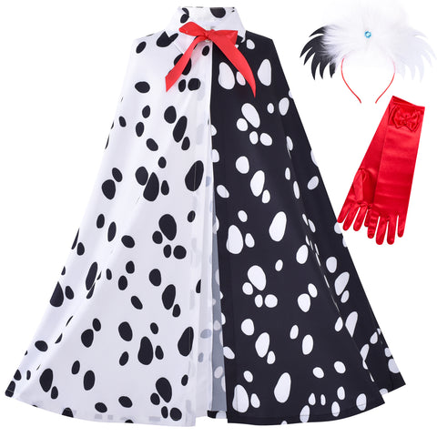 Girls Halloween Costume For Dalmatians Cloak Wig Headband Red Gloves Size 4-14 Years