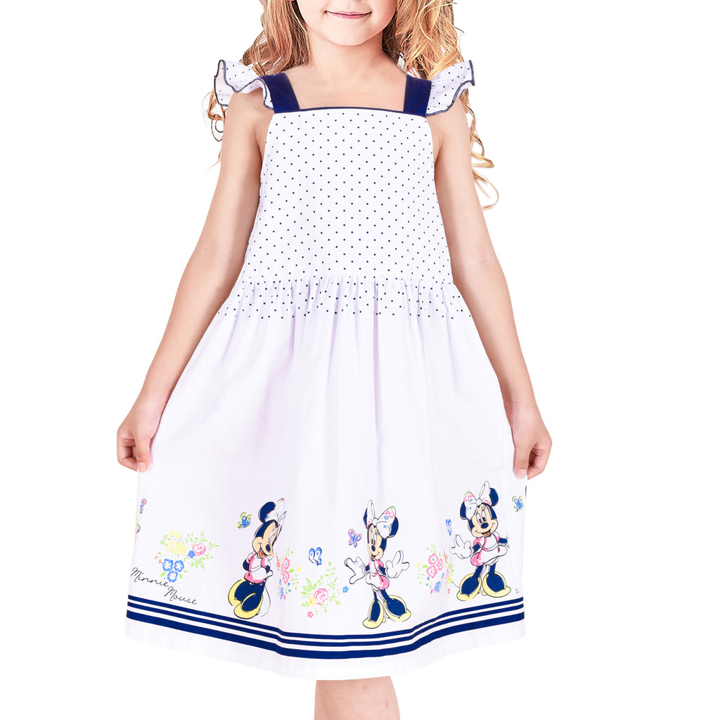 Girls Dress White Cotton Sundress Navy Blue Polka Cartoon Character Size 4-8 Years