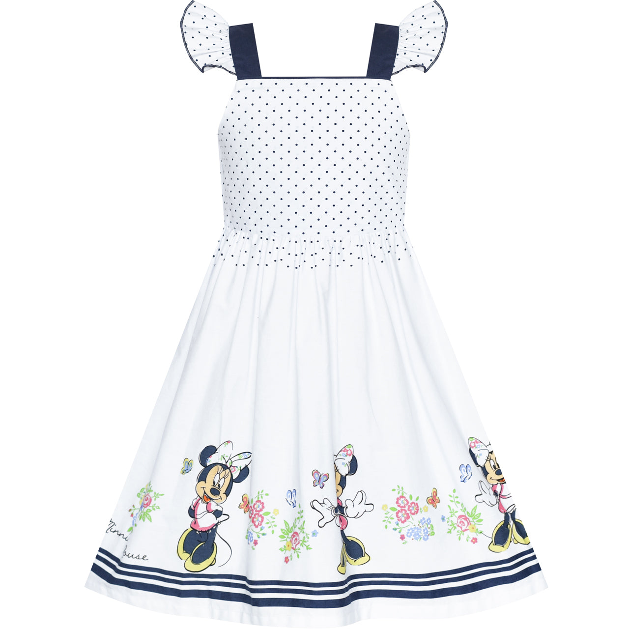 Girls Dress White Cotton Sundress Navy Blue Polka Cartoon Character Size 4-8 Years