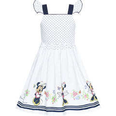Girls Dress White Cotton Sundress Navy Blue Polka Cartoon Character Size 4-8 Years