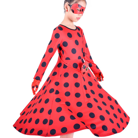 Girls Dress Superhero Ladybug Face Mask Earring Gloves  Halloween Size 4-8 Years