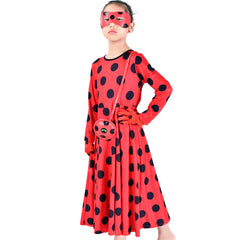 Girls Dress Superhero Ladybug Face Mask Earring Gloves  Halloween Size 4-8 Years