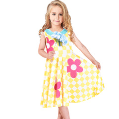 Girls Dress Doll Cosplay Halloween Costume Surprised Party Yellow Checkered Size 3-8 Years