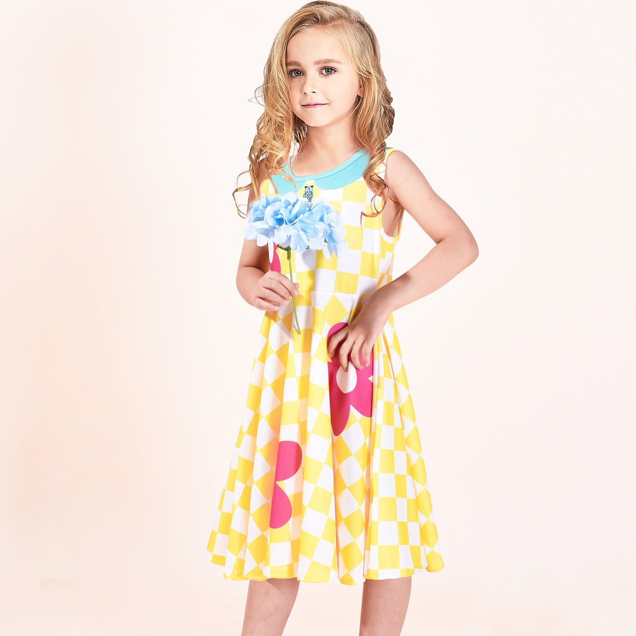 Girls Dress Doll Cosplay Halloween Costume Surprised Party Yellow Checkered Size 3-8 Years