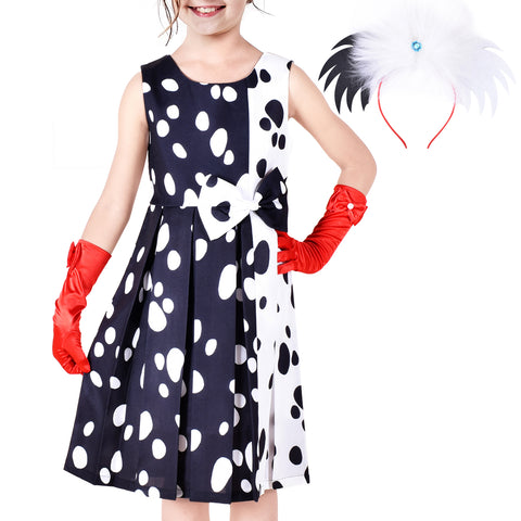 Girls Dress Halloween Costume For Dalmatians Wig Headband Red Gloves Size 4-14 Years