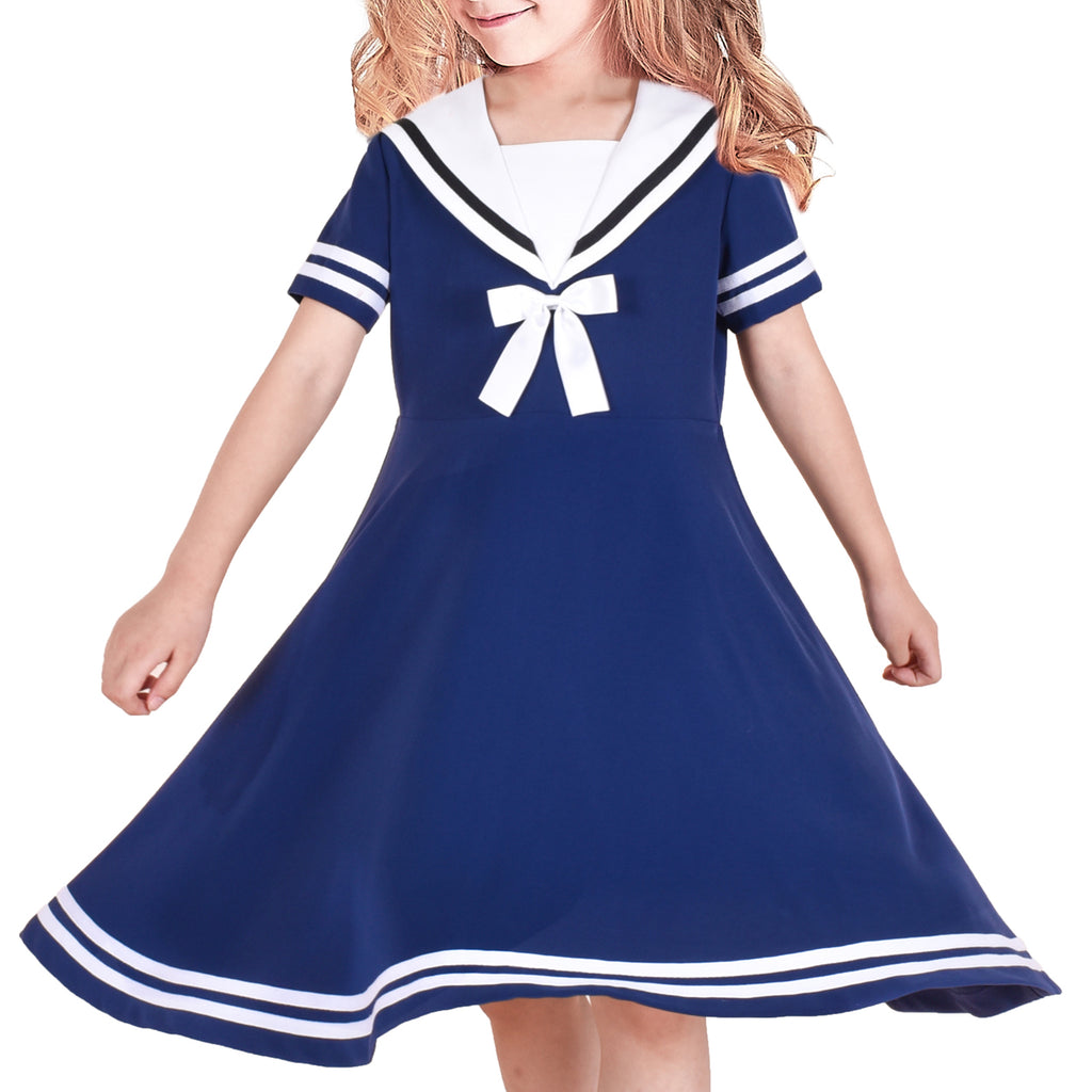Girls Dress Swing School Uniform Bow Tie Sailor Collar Short Sleeve Size 6-12 Years