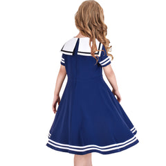 Girls Dress Swing School Uniform Bow Tie Sailor Collar Short Sleeve Size 6-12 Years
