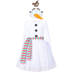 Girls Dress Costume For Snowman Christmas Halloween Cartoon Mask Scarf Size 4-8 Years