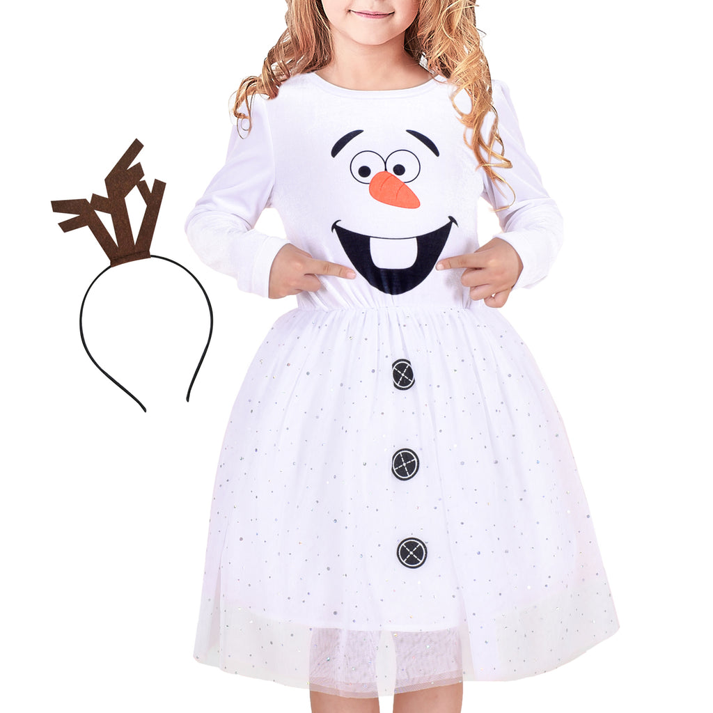 Girls Dress Costume For Snowman Christmas Halloween Party Headband Size 4-8 Years