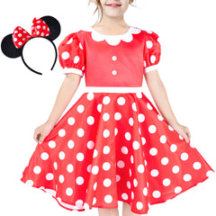 Girls Dress Red White Polka Flower Collar Halloween Costume Bow Headband Size 3-8 Years