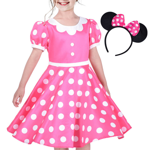 Girls Dress Pink White Polka Flower Collar Halloween Costume Bow Headband Size 3-8 Years