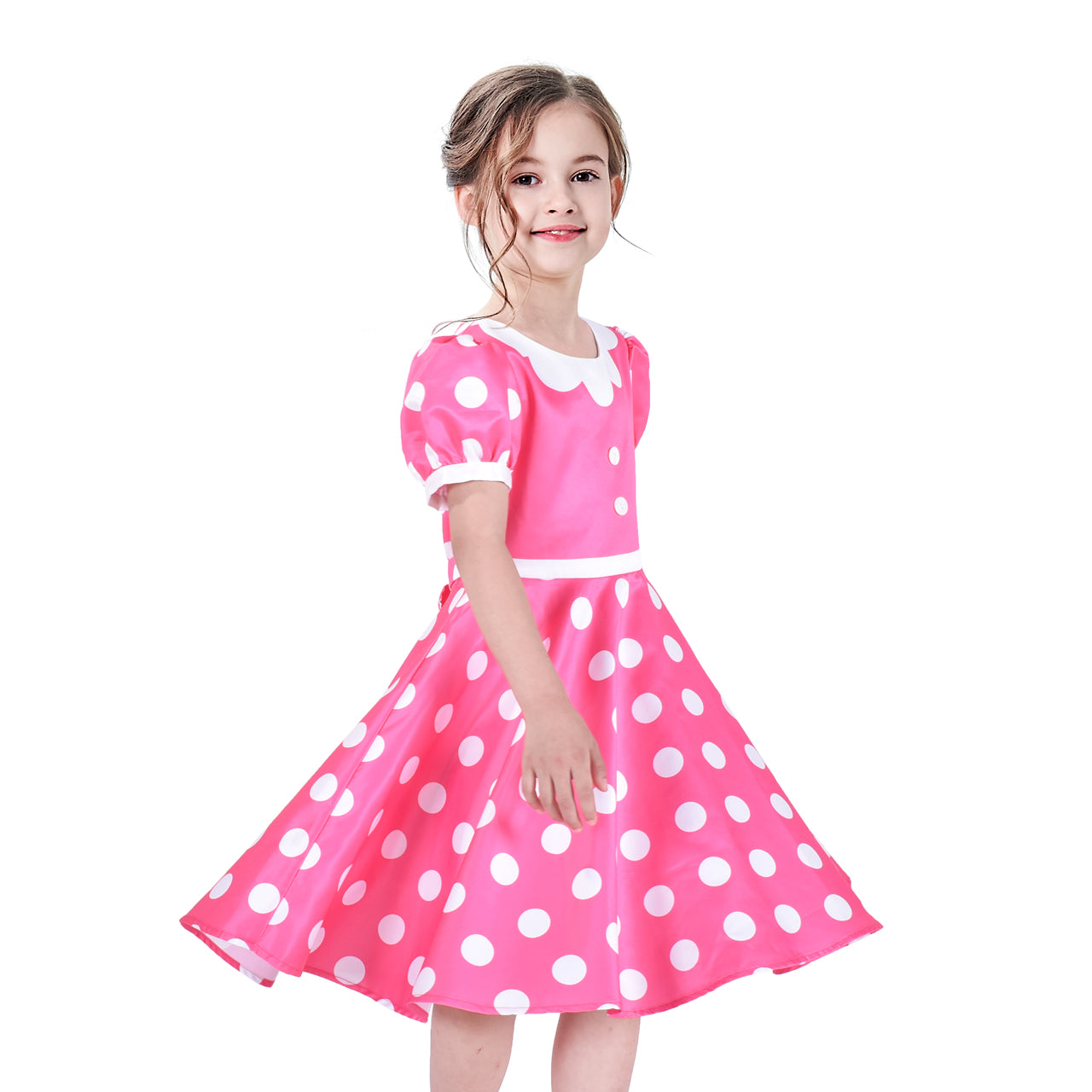 Girls Dress Pink White Polka Flower Collar Halloween Costume Bow Headband Size 3-8 Years