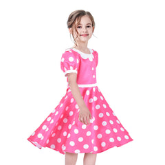 Girls Dress Pink White Polka Flower Collar Halloween Costume Bow Headband Size 3-8 Years
