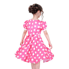 Girls Dress Pink White Polka Flower Collar Halloween Costume Bow Headband Size 3-8 Years