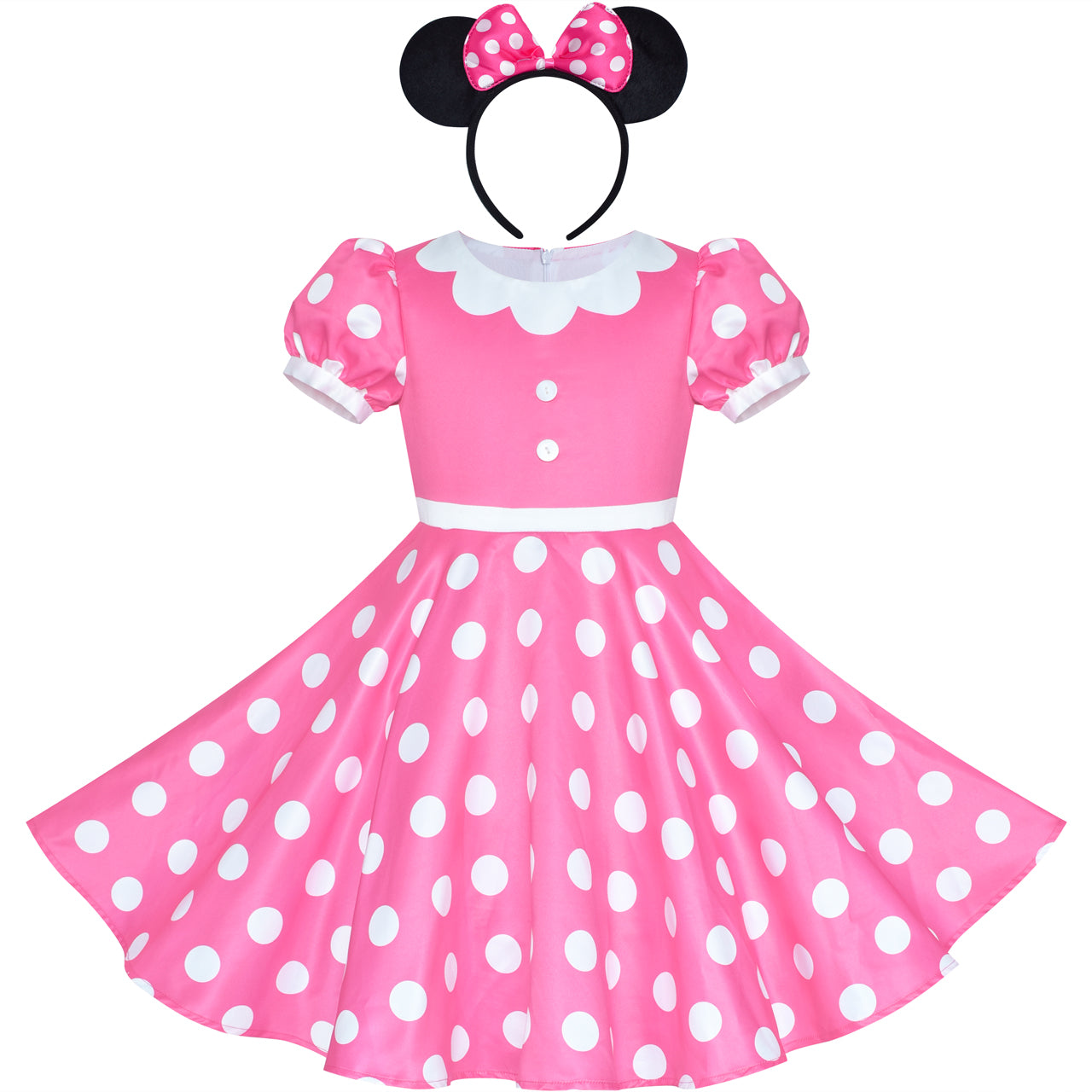 Girls Dress Pink White Polka Flower Collar Halloween Costume Bow Headband Size 3-8 Years