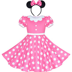 Girls Dress Pink White Polka Flower Collar Halloween Costume Bow Headband Size 3-8 Years