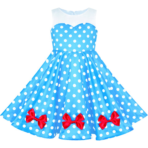 Girls Dress Blue Dot Swing Dress Doll Costume Surprise Party Size 4-8 Years