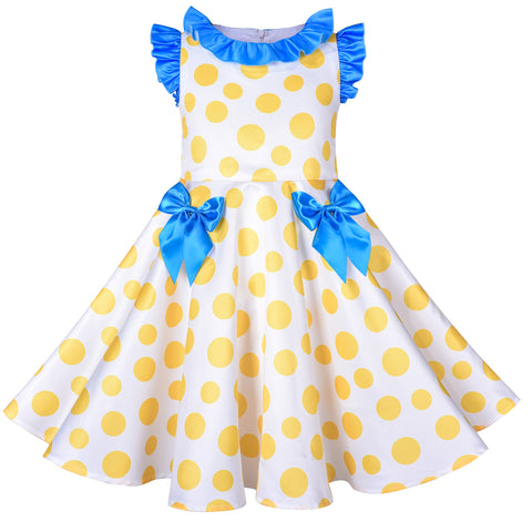 Girls Dress Yellow Dot Pleated Collar Doll Costume Surprise Party Size 4-8 Years