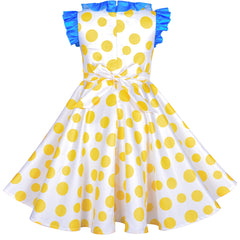 Girls Dress Yellow Dot Pleated Collar Doll Costume Surprise Party Size 4-8 Years