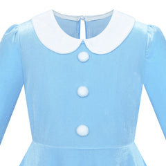 Girls Dress White Collar Velvet Long Sleeve Blue Swing Dress Size 4-14 Years