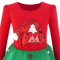 Girls Dress Christmas Tree Headband Santa Hat Long Sleeve Party Dress Size 4-12 Years
