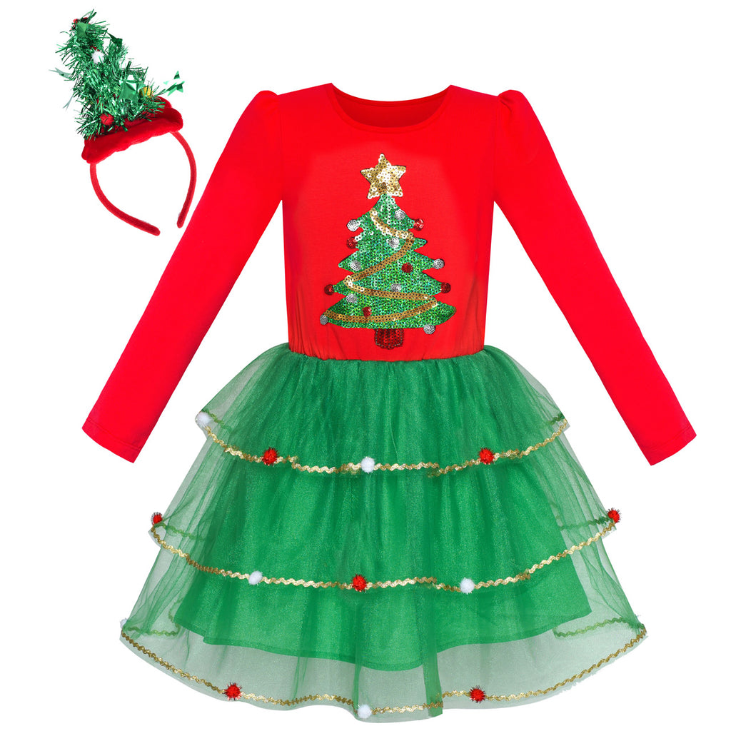 Girls Dress Christmas Tree Headband Cotton Long Sleeve Party Dress Size 4-12 Years