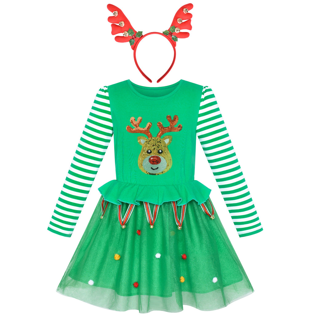 Girls Dress Reindeer Headband Green Jingle Bell Party Dress Size 3-7 Years