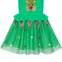 Girls Dress Reindeer Headband Green Jingle Bell Party Dress Size 3-7 Years