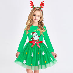 Girls Dress Reindeer Headband Santa Green Long Sleeve Party Dress Size 3-7 Years