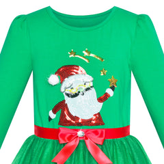 Girls Dress Reindeer Headband Santa Green Long Sleeve Party Dress Size 3-7 Years