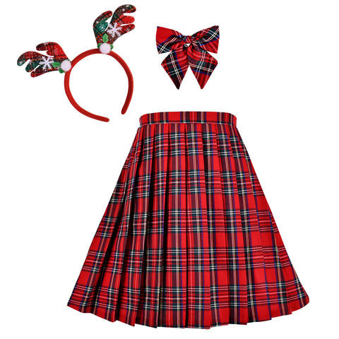 Girls Dress Christmas Reindeer Headband Red Plaid Skirt Bow Tie Size 6-14 Years