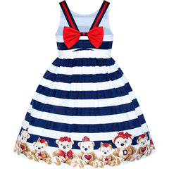 Girls Dress Cotton Casual Navy Blue Striped Bear V Back Holiday Party Size 3-8 Years