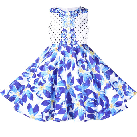 Girls Dress Blue Flower Doll Costume Surprise Party Swing Dress Size 3-8 Years