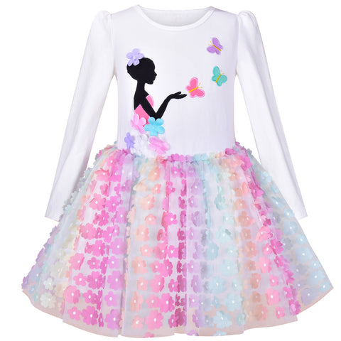 Girls Dress Tutu Skirt Rainbow Butterfly Embroidered Long Sleeve Size 6-12 Years