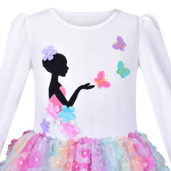 Girls Dress Tutu Skirt Rainbow Butterfly Embroidered Long Sleeve Size 6-12 Years