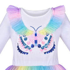 Girls Dress Rainbow Butterfly Embroidered Long Sleeve Party Dress Size 4-8 Years