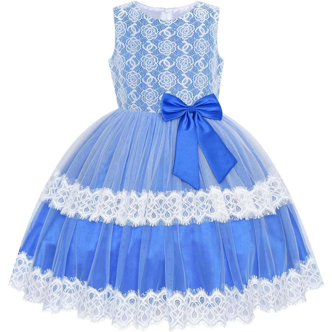 Girls Dress Lace Top Blue Wave Hem Skirt Wedding Bridesmaid Size 6-12 Years