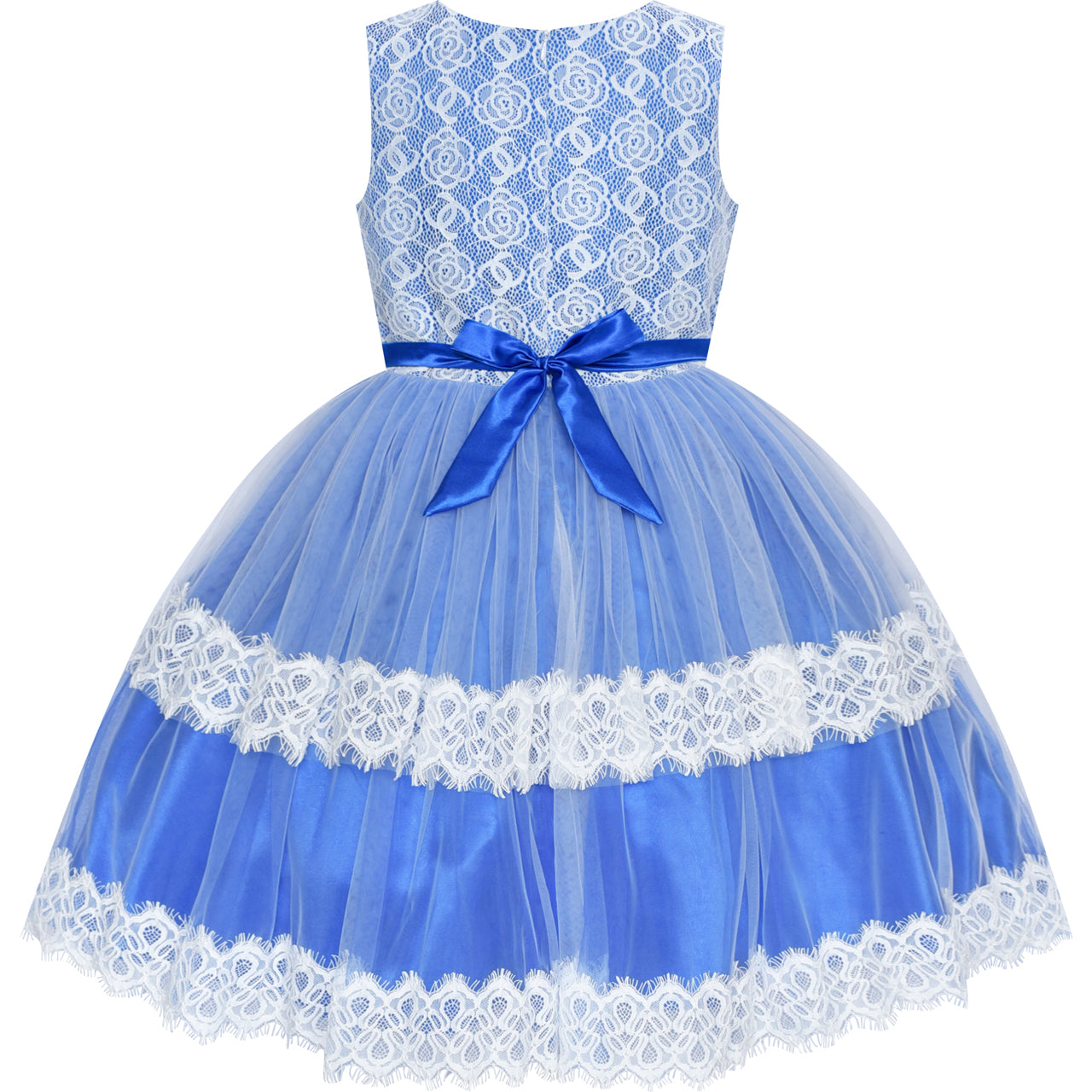 Girls Dress Lace Top Blue Wave Hem Skirt Wedding Bridesmaid Size 6-12 Years