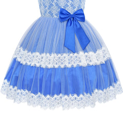 Girls Dress Lace Top Blue Wave Hem Skirt Wedding Bridesmaid Size 6-12 Years