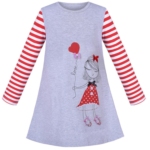 Girls Dress Cotton Casual Cartoon Love Heart Princess Long Sleeve Size 3-8 Years