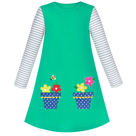 Girls Dress Cotton Casual Long Sleeve Flower Pot Embroidered Size 3-8 Years