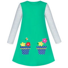 Girls Dress Cotton Casual Long Sleeve Flower Pot Embroidered Size 3-8 Years