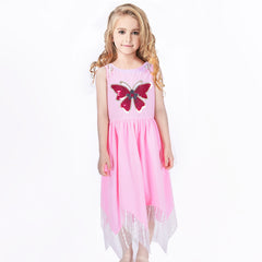 Girls Dress Hanky Hem Butterfly Sequins Embroidered Pink Cotton Size 6-12 Years