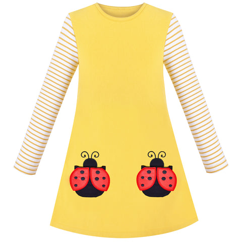 Girls Dress Cotton Casual Long Sleeve Lady Bug Embroidered Size 3-8 Years