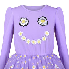 Girls Dress Daisy Embroidered Long Sleeve Purple Party Dress Smile Size 4-8 Years