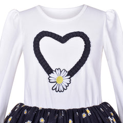 Girls Dress Daisy Embroidered Long Sleeve Black White Party Dress Smile Size 4-8 Years