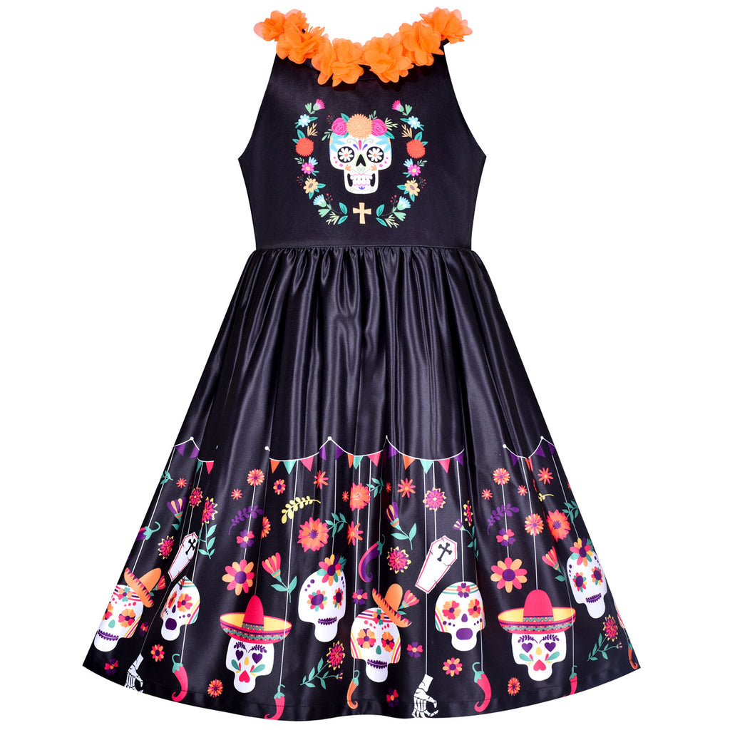 Girls Dress Skull Mexican Day Of Dead Spanish Lady Carnival Festival Size 6-12 Years