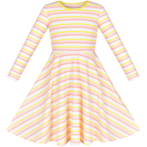 Girls Dress Long Sleeve Yellow Striped Cotton Casual Everyday Wearing Size 4-8 Years